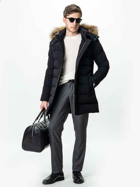 Geaca Barbati Neagra de Iarna cu Blana Naturala si Softshell BMan0199