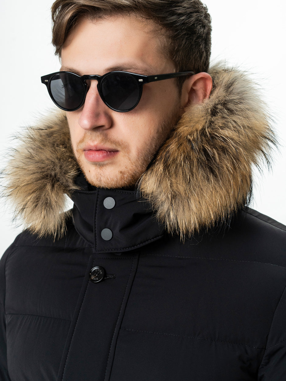 Geaca Barbati Neagra de Iarna cu Blana Naturala si Softshell BMan0199 (3)