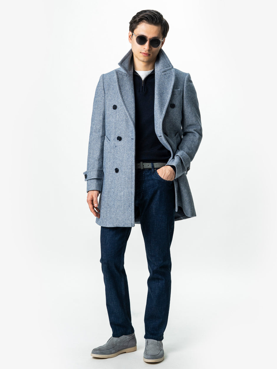 Palton Barbati La Doua Randuri Herringbone Din Lana Bleu BMan0007 (7)