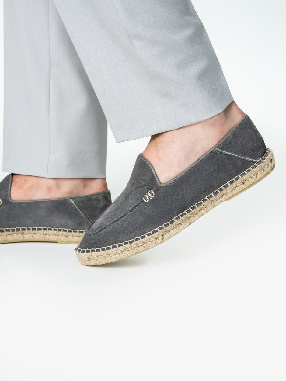 Espadrile De Vara Barbati Gri Antracit Din Piele Naturala Cusute Manua Mocasini BMan219 (3)