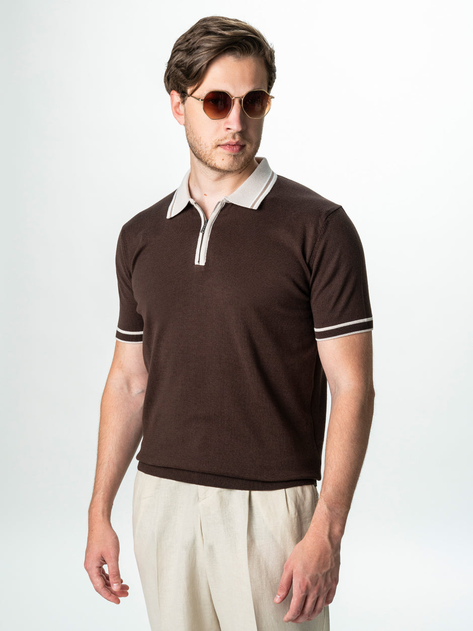 Tricou Barbati Polo Cafeniu Cu Guler Crem Cu Fermoar Bumbac BMan300 (5)