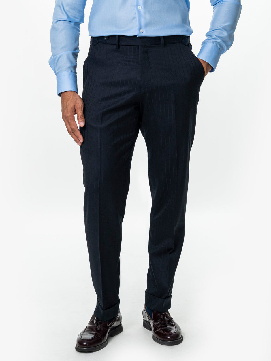 Costum Barbati Bleumarin Dungi Fine Doua Randuri 100% Lana BMan0102 (7)