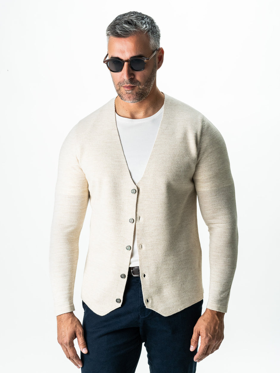 Pulover Crem Barbati Cu Nasturi Tip Cardigan Din Lana Merinos BMan0017 (7)