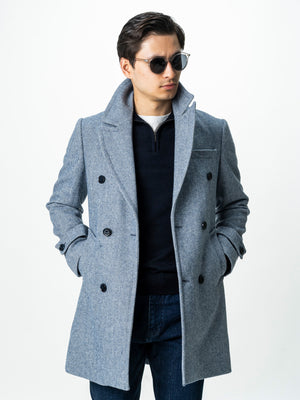 Palton Barbati La Doua Randuri Herringbone Din Lana Bleu BMan0007