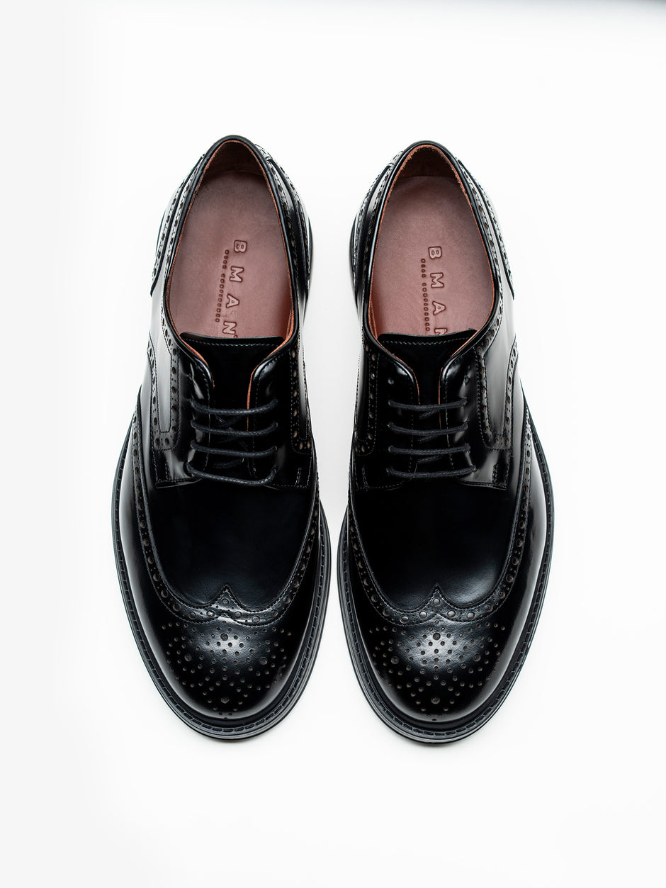 Pantofi Piele Barbati Derby Brogue Eleganti Negri BMan0421 (5)