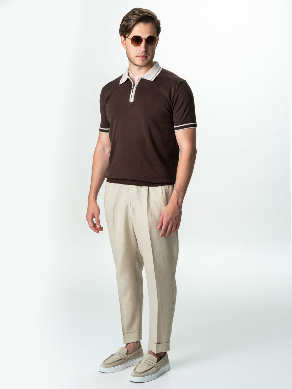 Tricou Barbati Polo Cafeniu Cu Guler Crem Cu Fermoar Bumbac BMan300 (2)