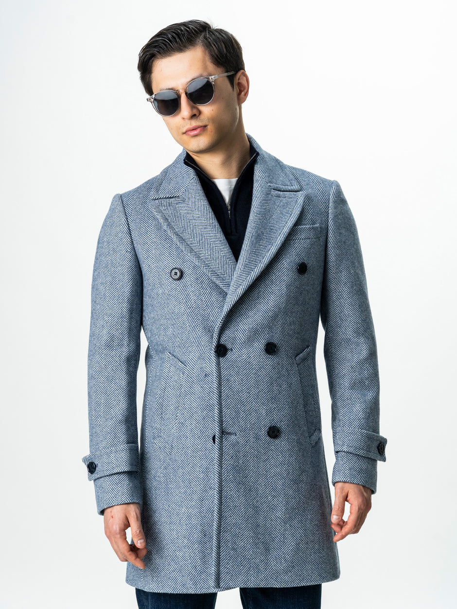 Palton Barbati La Doua Randuri Herringbone Din Lana Bleu BMan0007 (4)