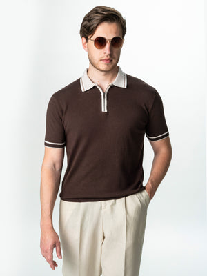 Tricou Barbati Polo Cafeniu Cu Guler Crem Cu Fermoar Bumbac BMan300
