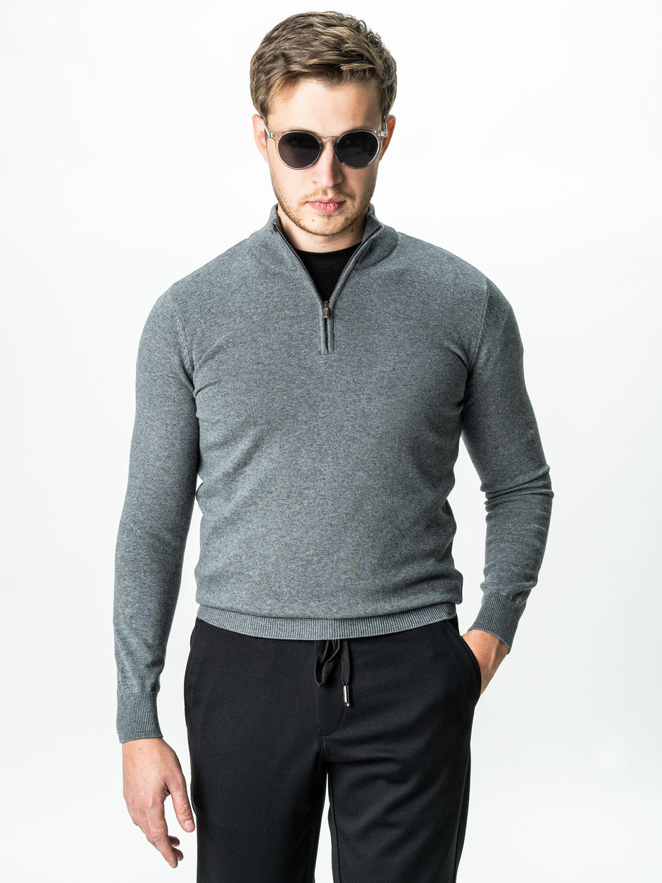 Pulover Cu Fermoar Office Barbati Gri Inchis Bumbac Levent Cottone BMan0001 (1)