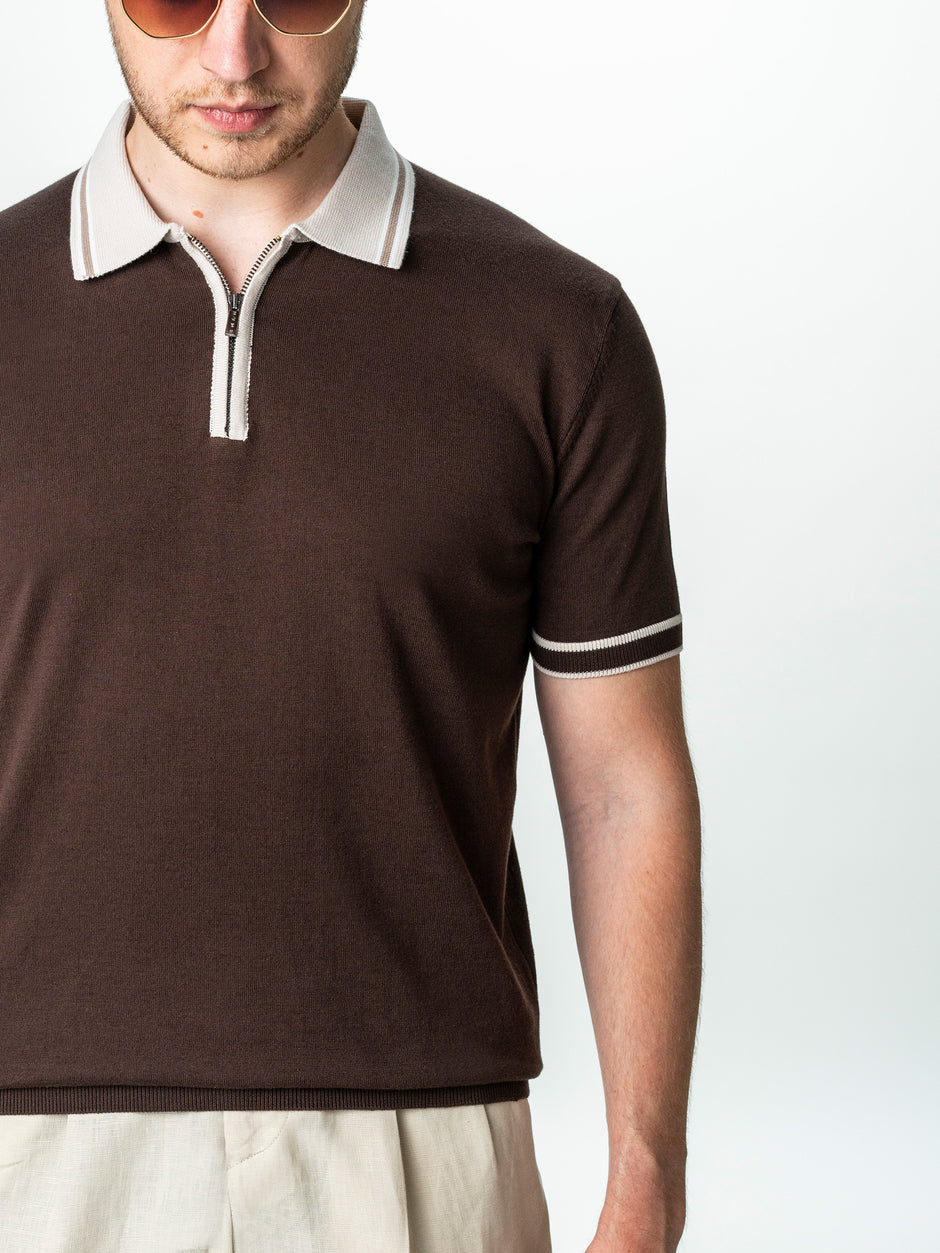 Tricou Barbati Polo Cafeniu Cu Guler Crem Cu Fermoar Bumbac BMan300 (6)