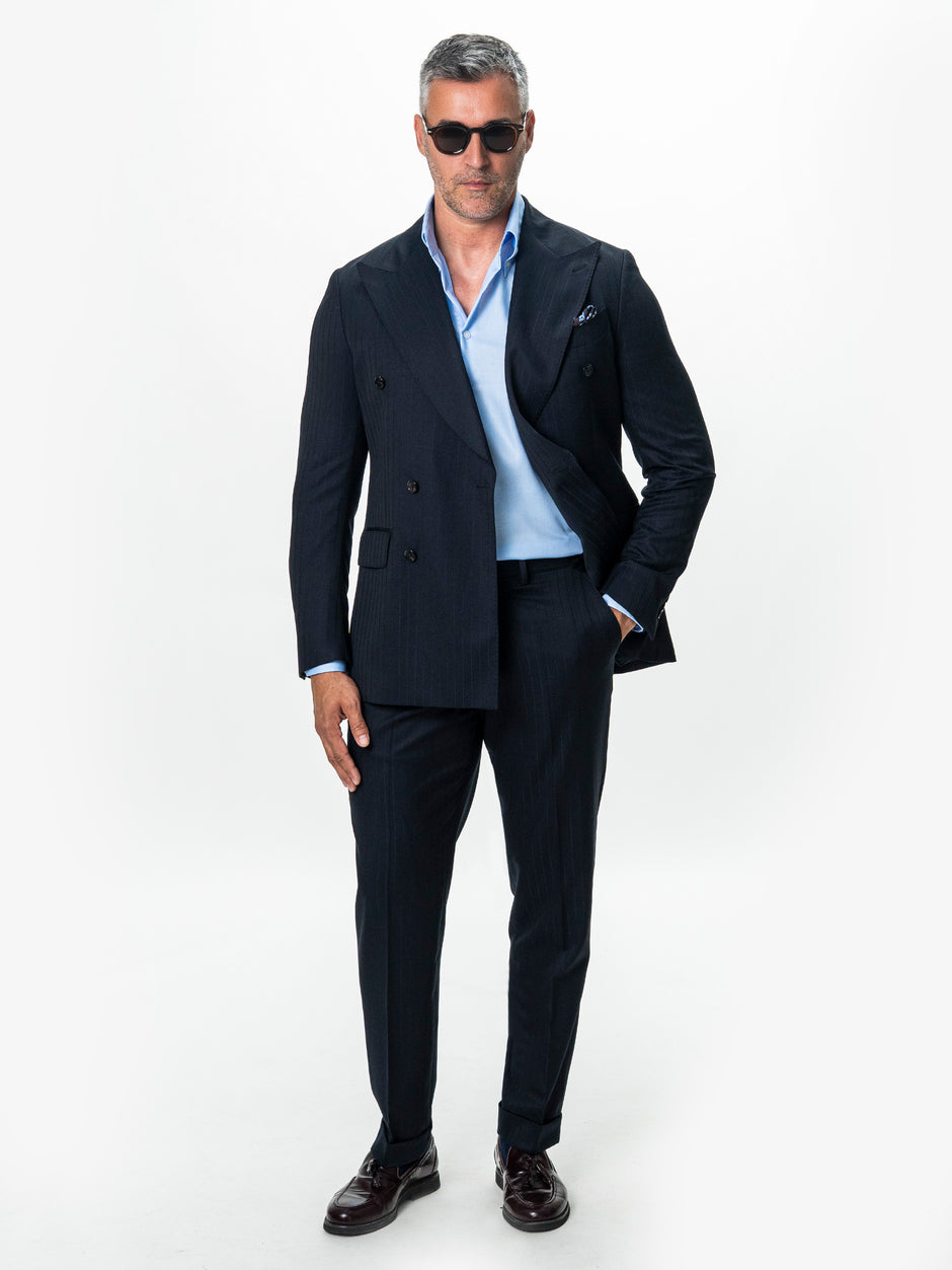 Costum Barbati Bleumarin Dungi Fine Doua Randuri 100% Lana BMan0102 (5)