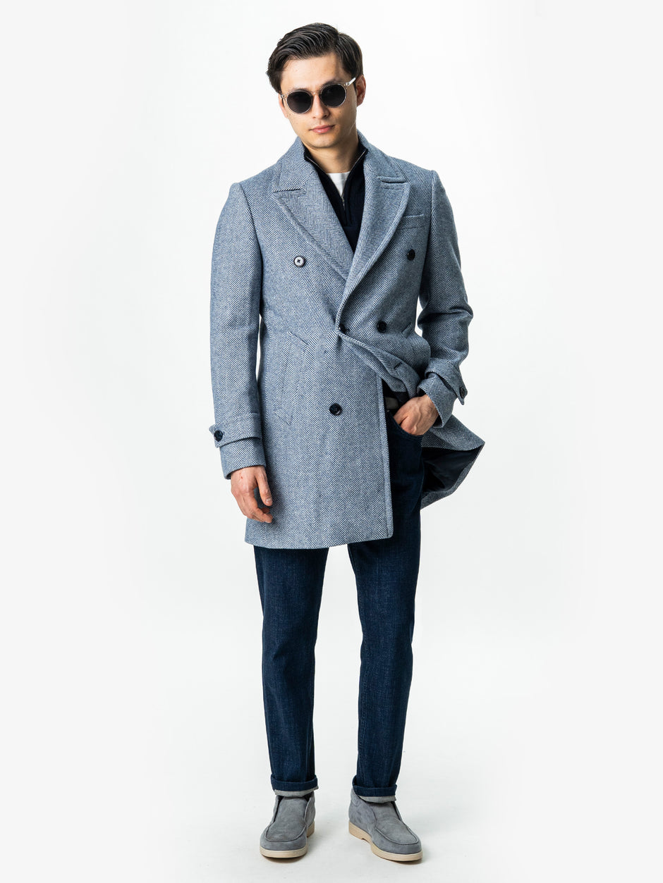 Palton Barbati La Doua Randuri Herringbone Din Lana Bleu BMan0007 (2)