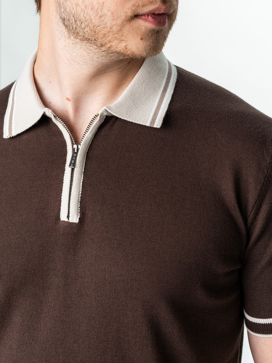 Tricou Barbati Polo Cafeniu Cu Guler Crem Cu Fermoar Bumbac BMan300 (3)