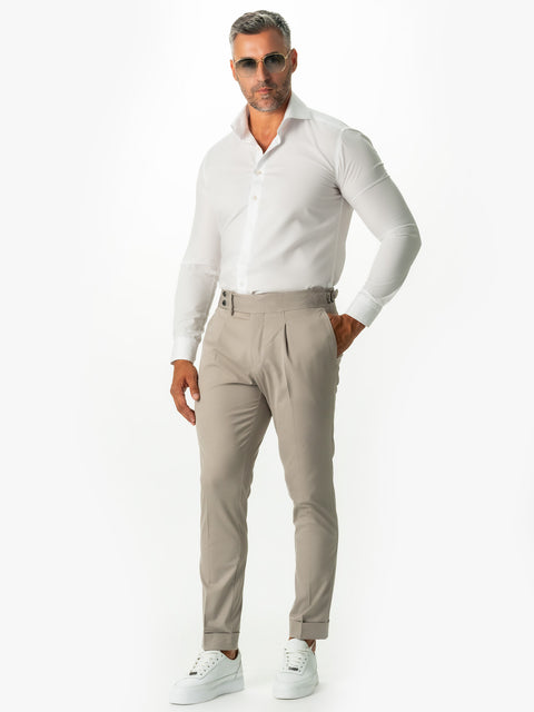 Pantaloni Barbati Gri Nisip Cu Pense Design Gurkha Amestec Lana BMan610 (2)