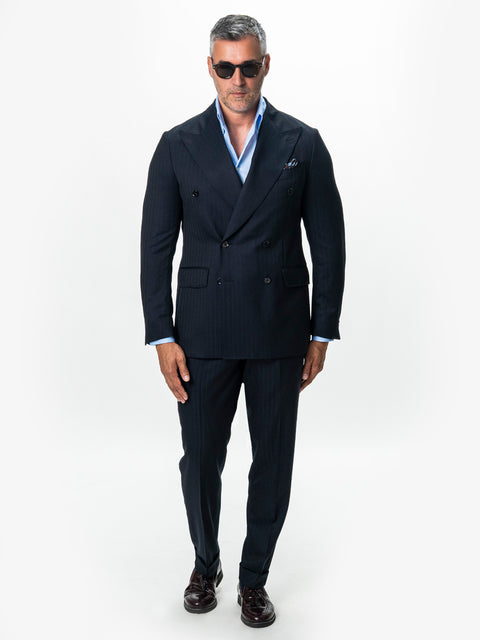Costum Barbati Bleumarin Dungi Fine Doua Randuri 100% Lana BMan0102