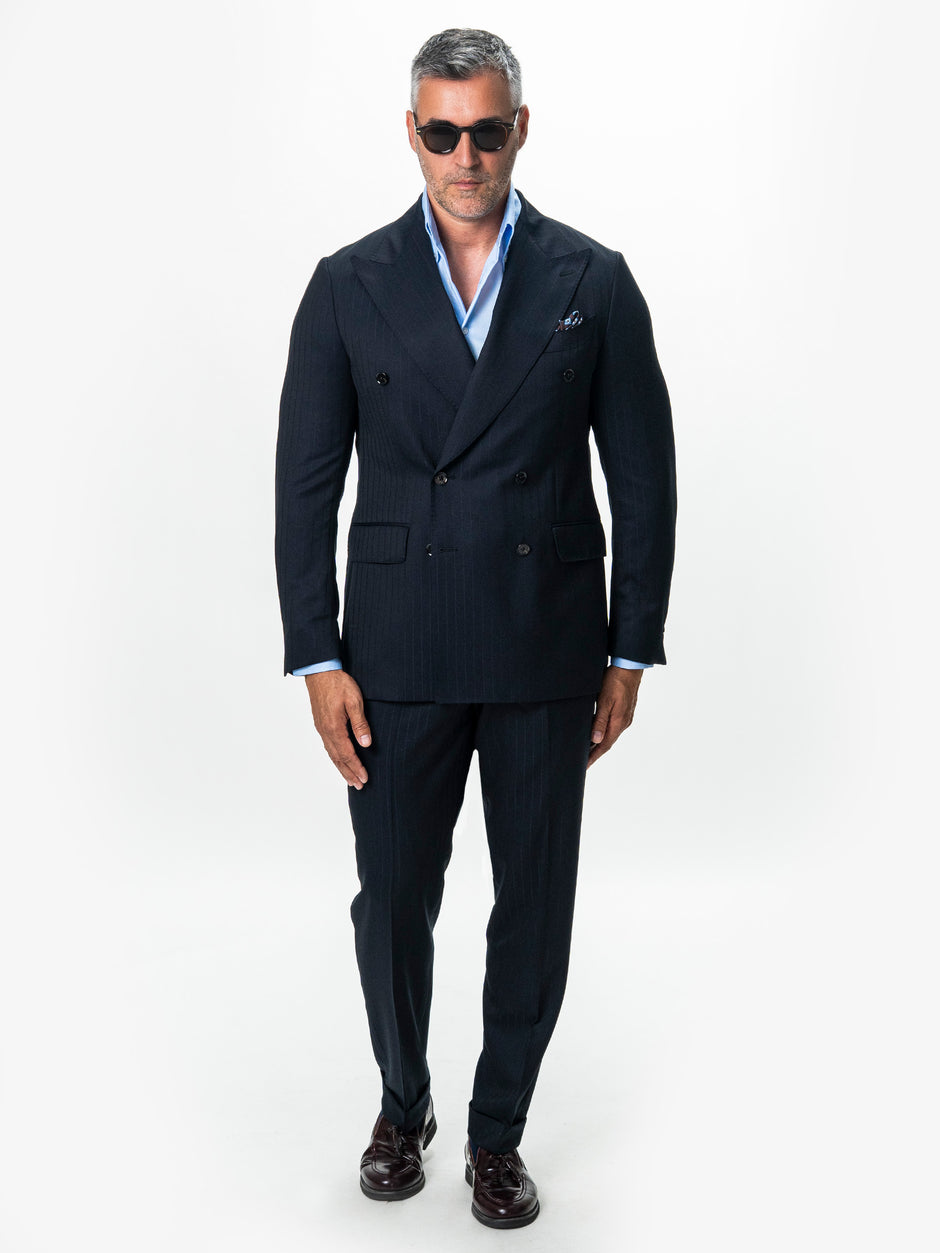 Costum Barbati Bleumarin Dungi Fine Doua Randuri 100% Lana BMan0102 (1)