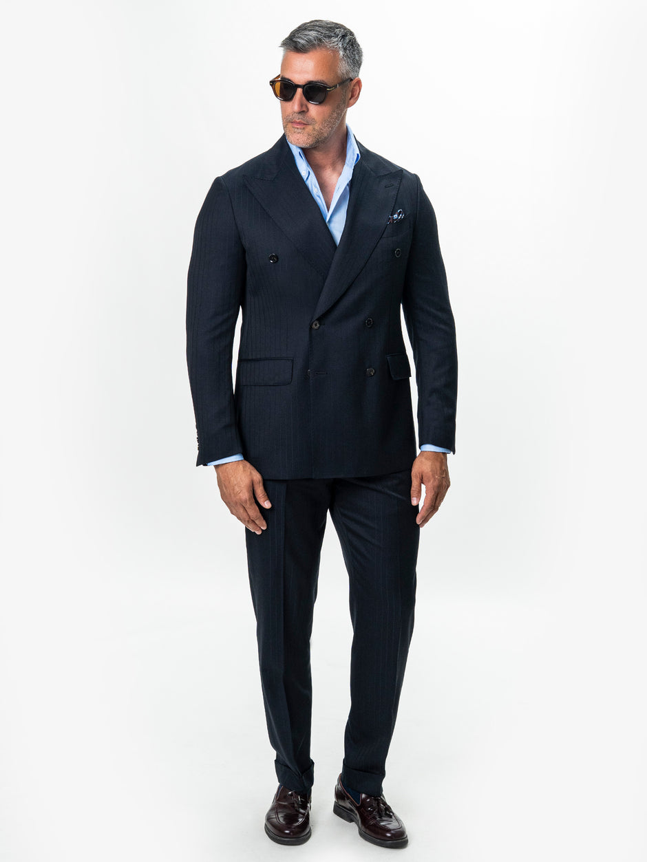 Costum Barbati Bleumarin Dungi Fine Doua Randuri 100% Lana BMan0102 (11)