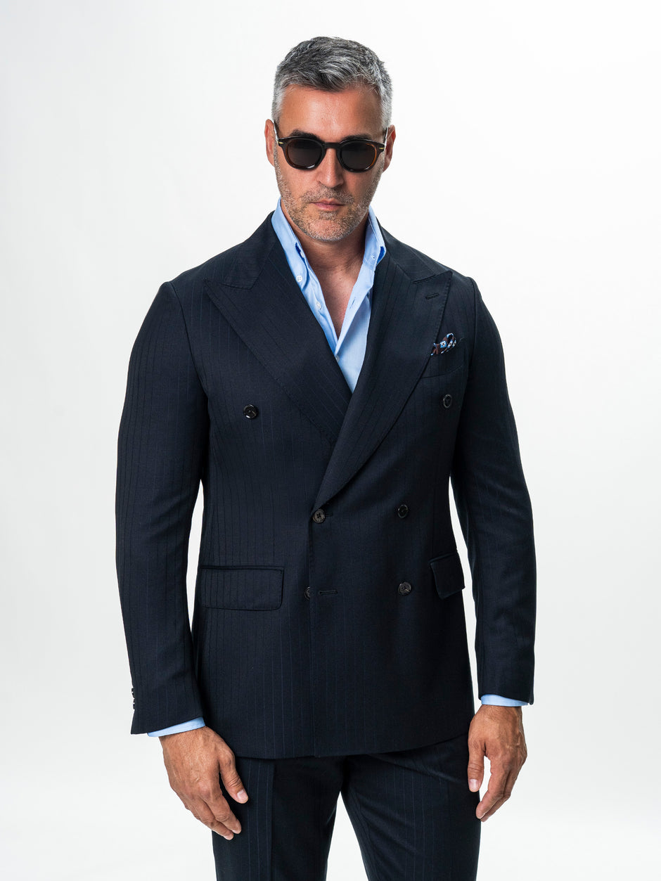 Costum Barbati Bleumarin Dungi Fine Doua Randuri 100% Lana BMan0102 (2)