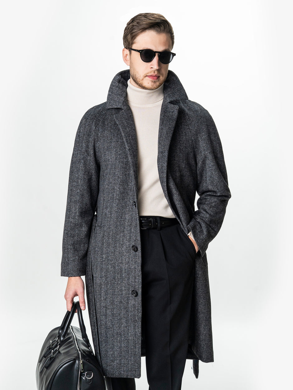 Palton Barbati Iarna Gri 100% Lana Houndstooth BMan0005 (4)