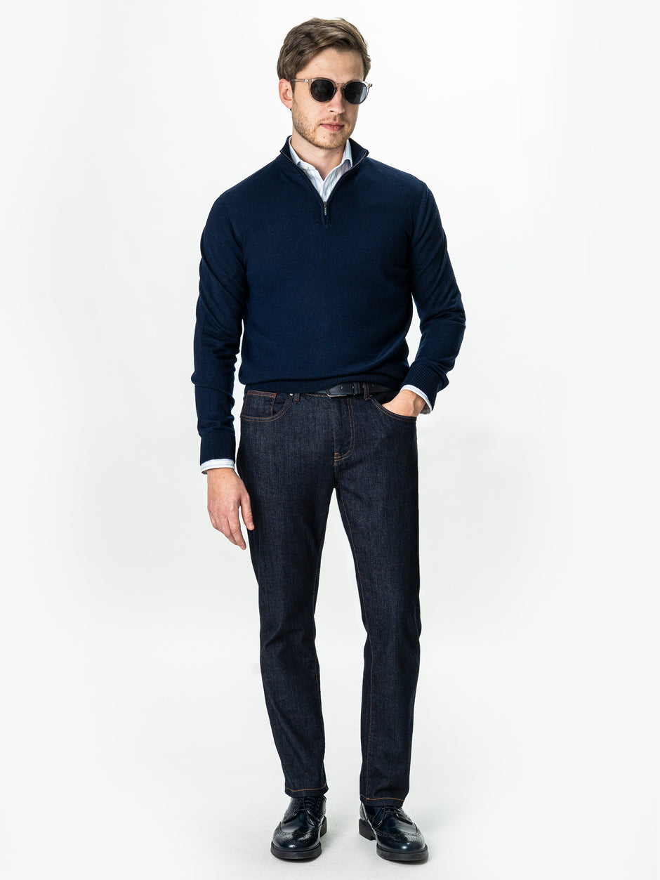 Pulover Cu Fermoar Office Barbati Bleumarin Din Lana Merinos Soft Falco BMan0003 (4)