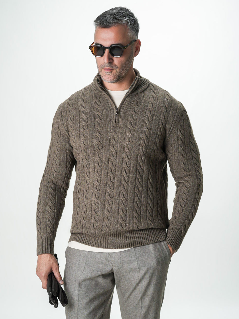 Pulover Barbati Torsade Maro Taupe Cu Fermoar 100% Lana Lambswool BMan0034 (1)