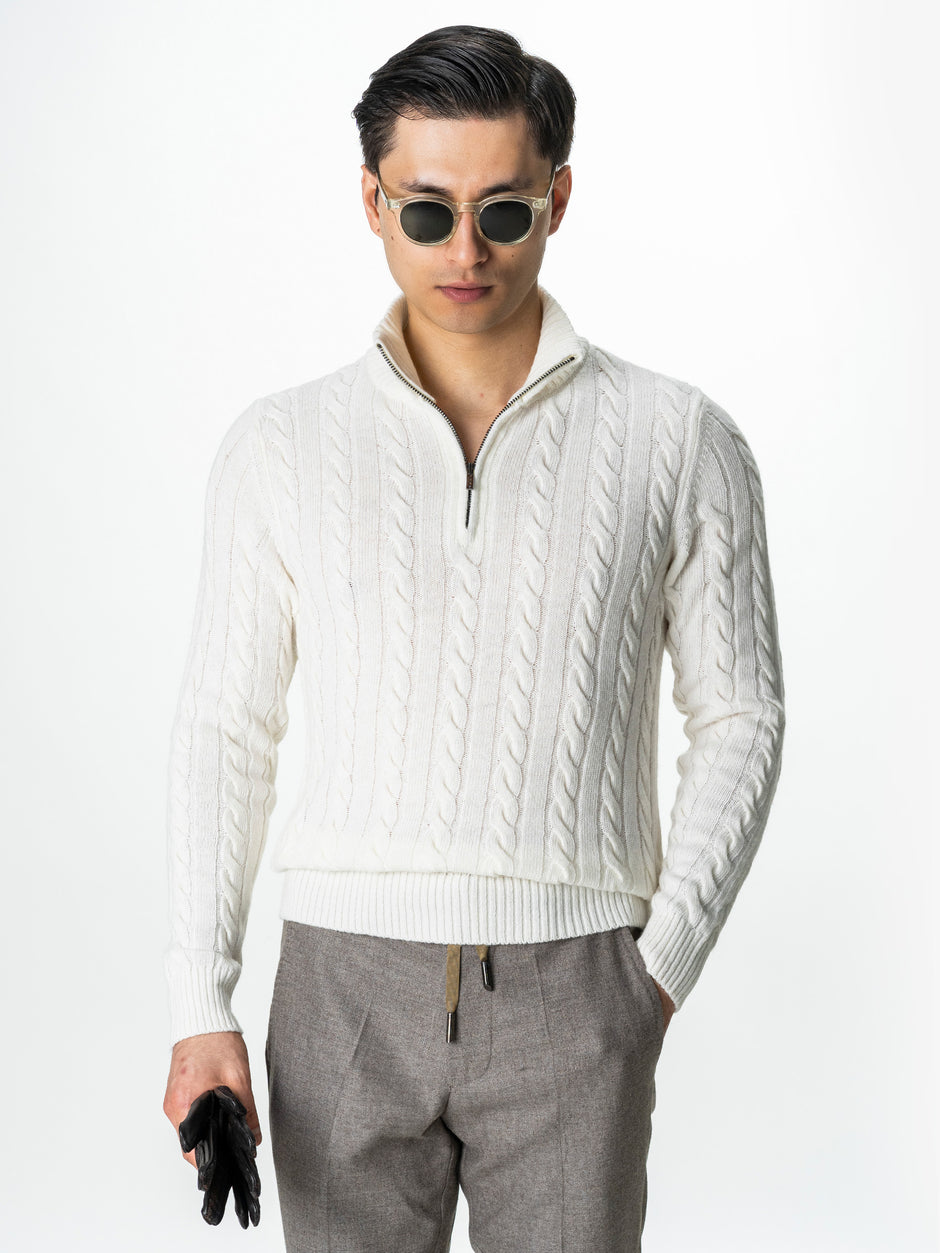 Pulover Barbati Torsade Alb Off White Cu Fermoar 100% Lana Lambswool BMan0034 (6)