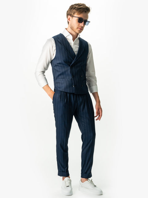 Vesta Albastru Marine Smart Casual Barbati La Doua Randuri In Dungi BMan0302 (2)