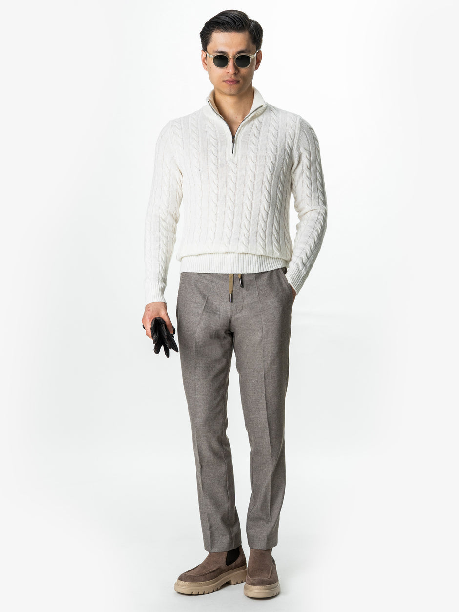 Pulover Barbati Torsade Alb Off White Cu Fermoar 100% Lana Lambswool BMan0034 (5)