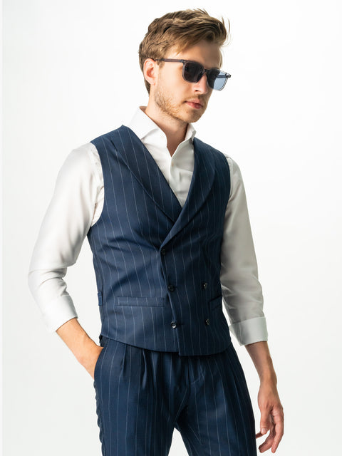 Vesta Albastru Marine Smart Casual Barbati La Doua Randuri In Dungi BMan0302 (1)