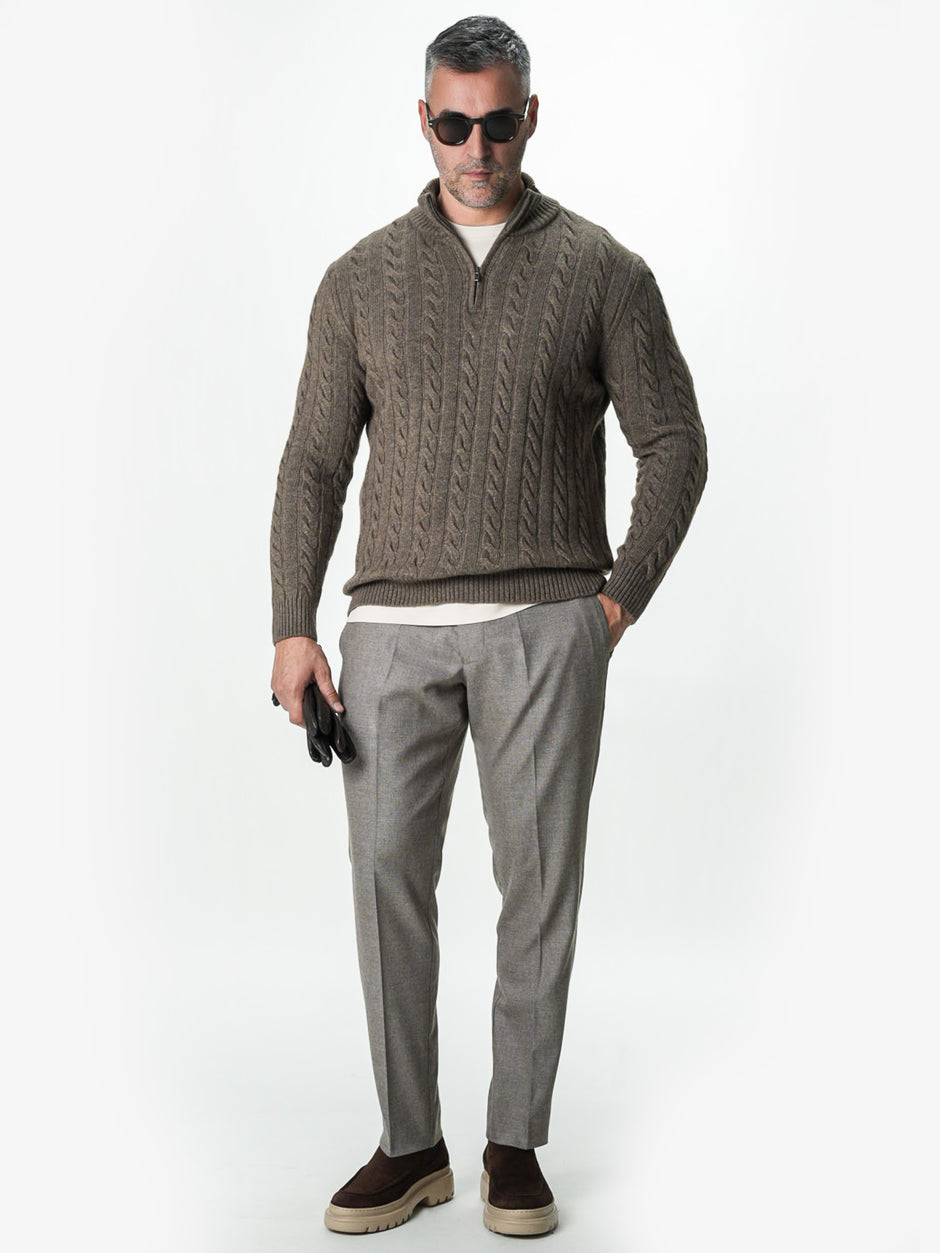 Pulover Barbati Torsade Maro Taupe Cu Fermoar 100% Lana Lambswool BMan0034 (5)