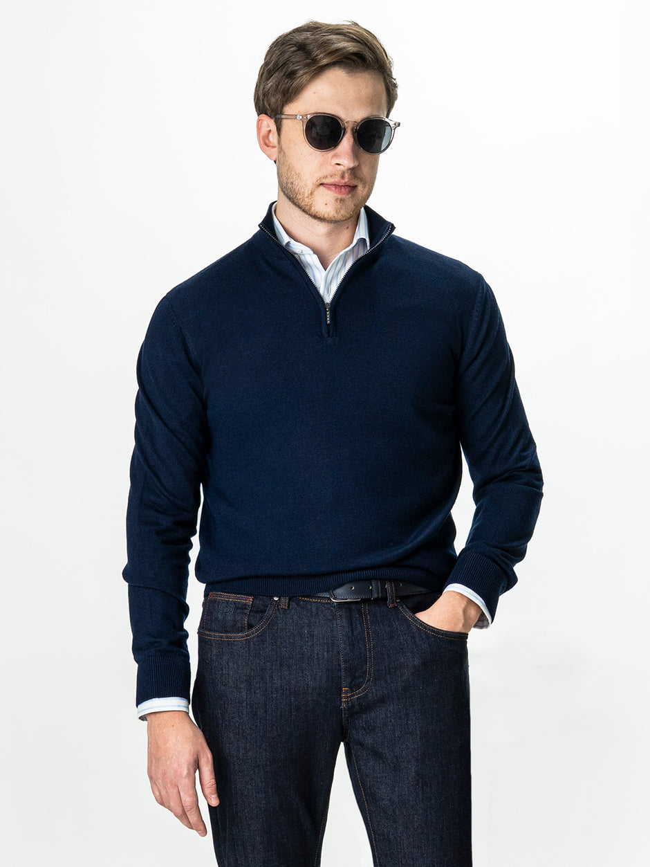 Pulover Cu Fermoar Office Barbati Bleumarin Din Lana Merinos Soft Falco BMan0003 (5)