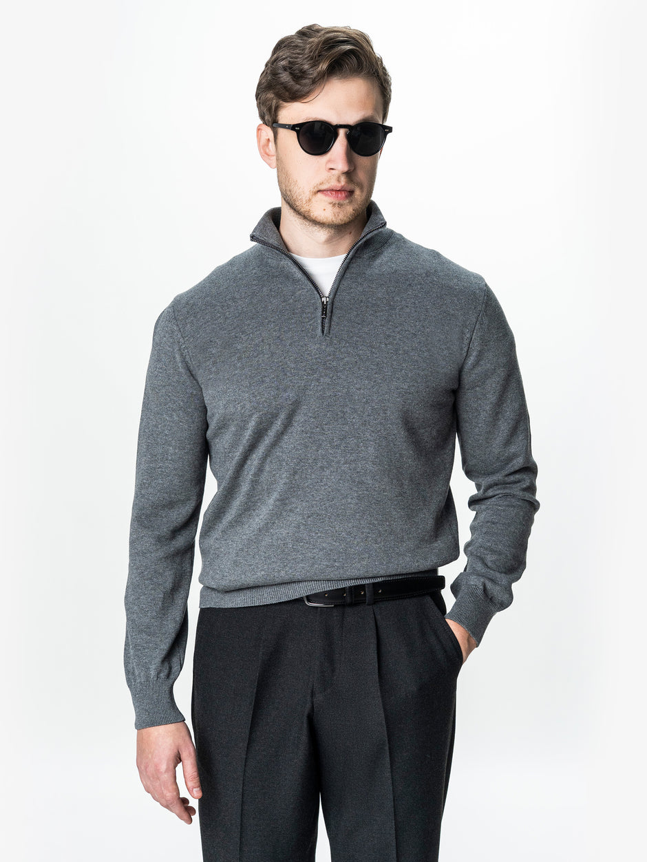 Pulover Cu Fermoar Office Barbati Gri Inchis Bumbac Levent Cottone BMan0001 (5)