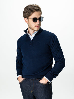 Pulover Cu Fermoar Office Barbati Bleumarin Din Lana Merinos Soft Falco BMan0003