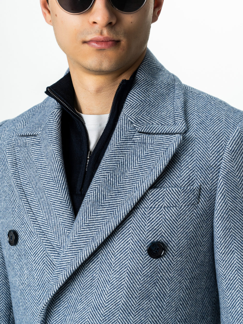 Palton Barbati La Doua Randuri Herringbone Din Lana Bleu BMan0007 (6)