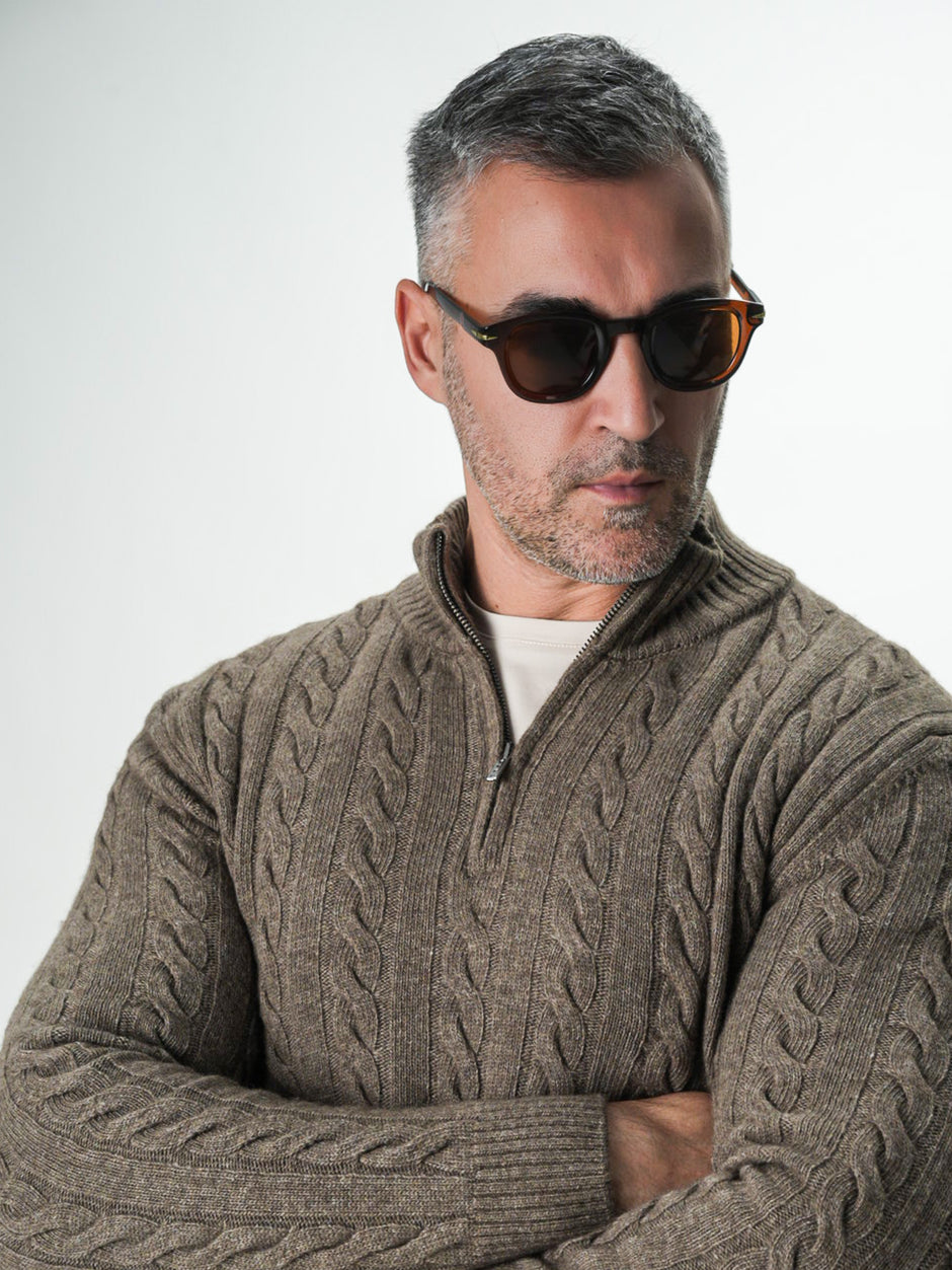 Pulover Barbati Torsade Maro Taupe Cu Fermoar 100% Lana Lambswool BMan0034 (3)