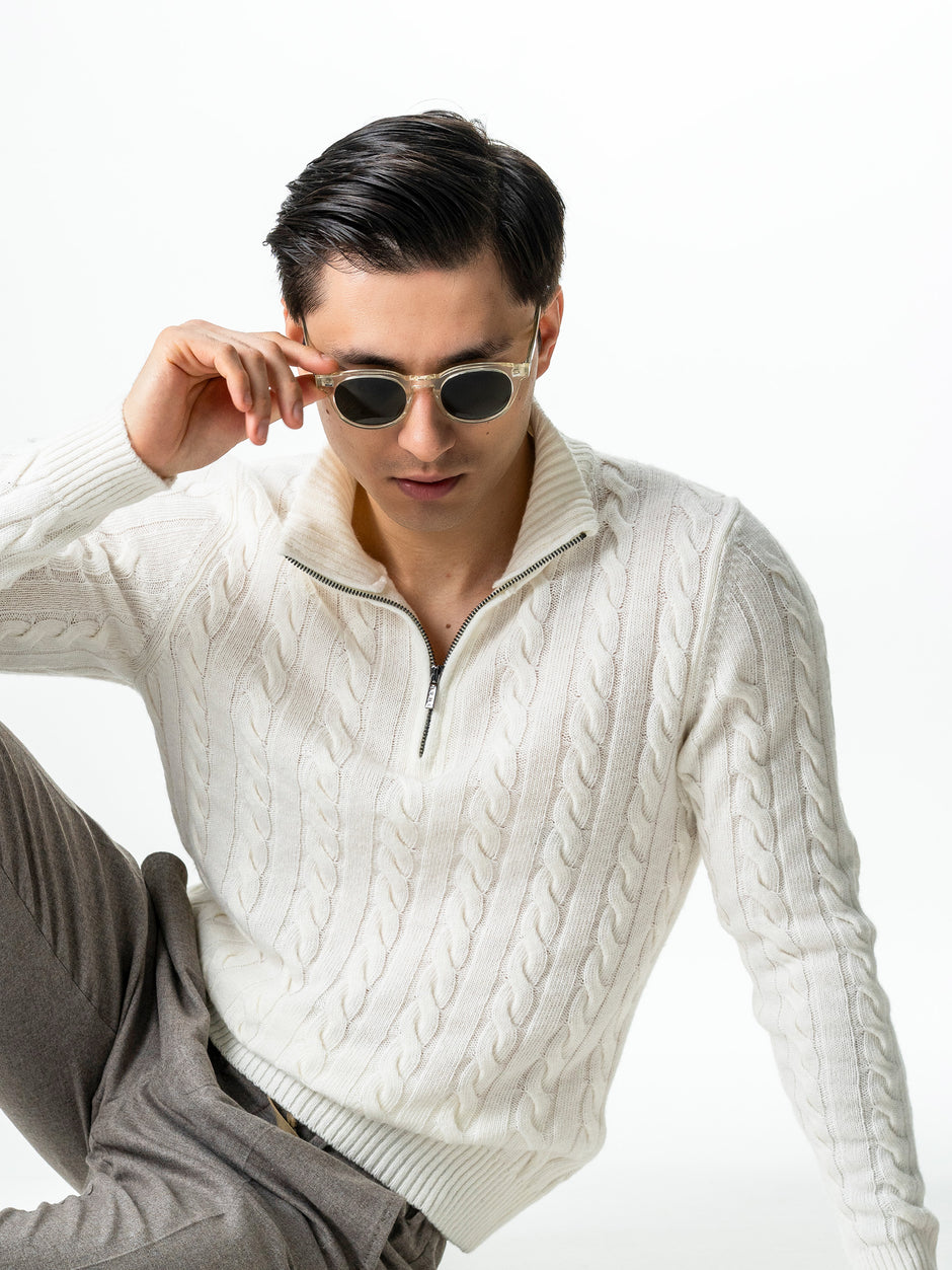 Pulover Barbati Torsade Alb Off White Cu Fermoar 100% Lana Lambswool BMan0034 (1)