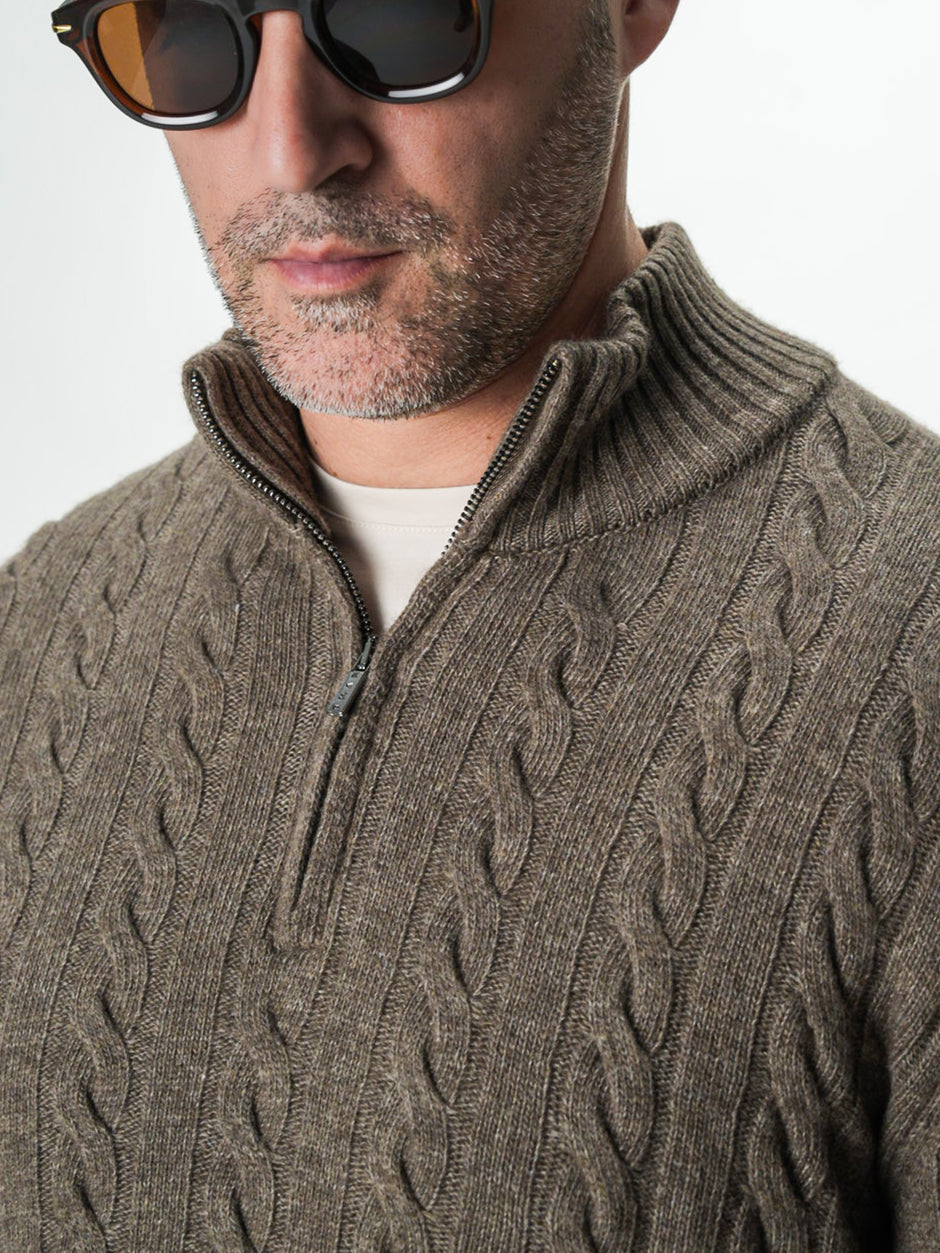 Pulover Barbati Torsade Maro Taupe Cu Fermoar 100% Lana Lambswool BMan0034 (8)
