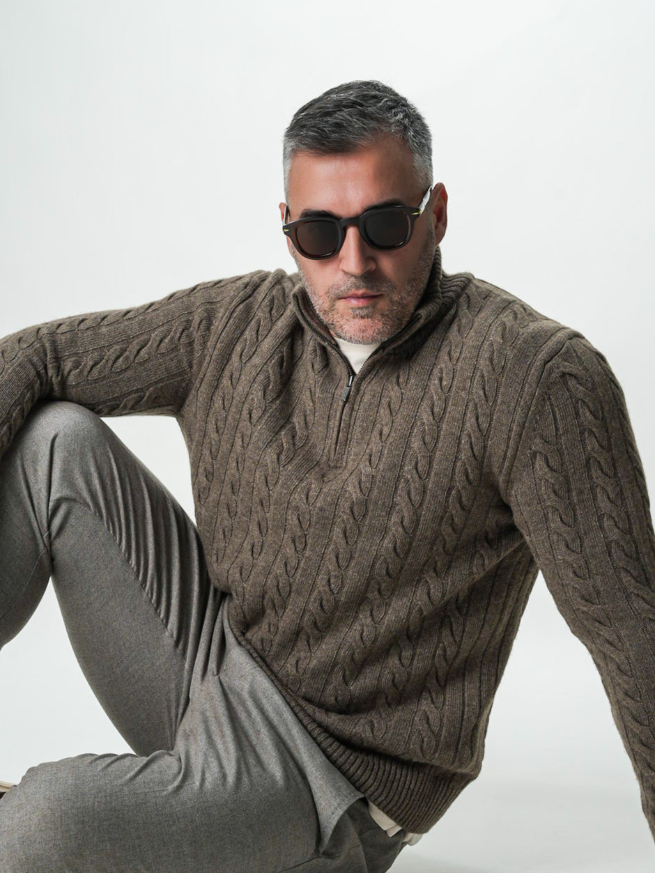 Pulover Barbati Torsade Maro Taupe Cu Fermoar 100% Lana Lambswool BMan0034 (4)
