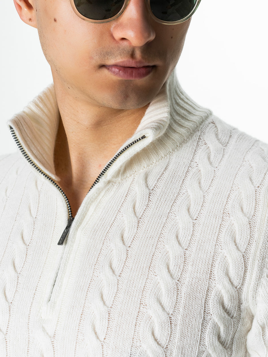 Pulover Barbati Torsade Alb Off White Cu Fermoar 100% Lana Lambswool BMan0034 (7)