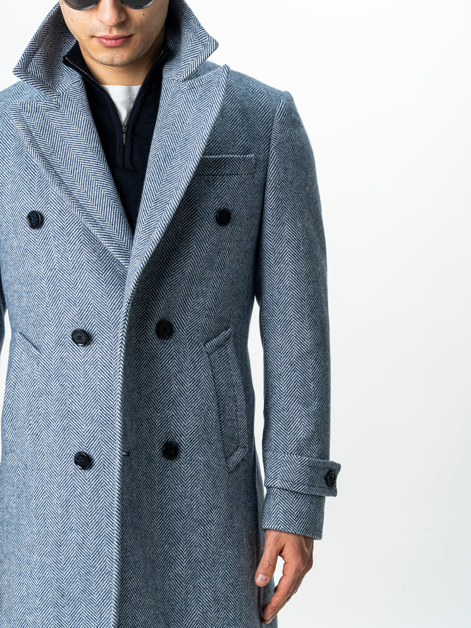 Palton Barbati La Doua Randuri Herringbone Din Lana Bleu BMan0007 (5)
