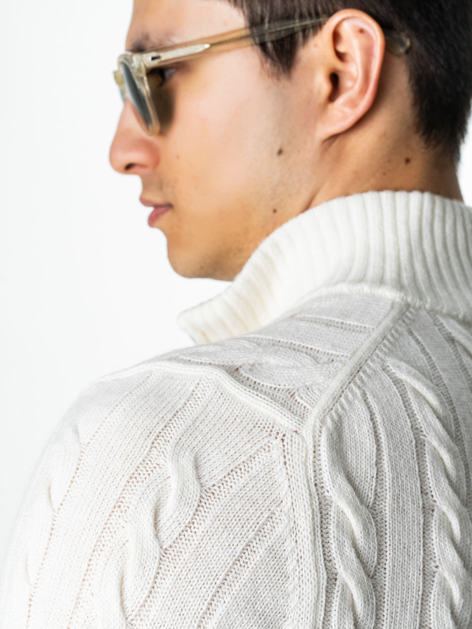 Pulover Barbati Torsade Alb Off White Cu Fermoar 100% Lana Lambswool BMan0034 (8)