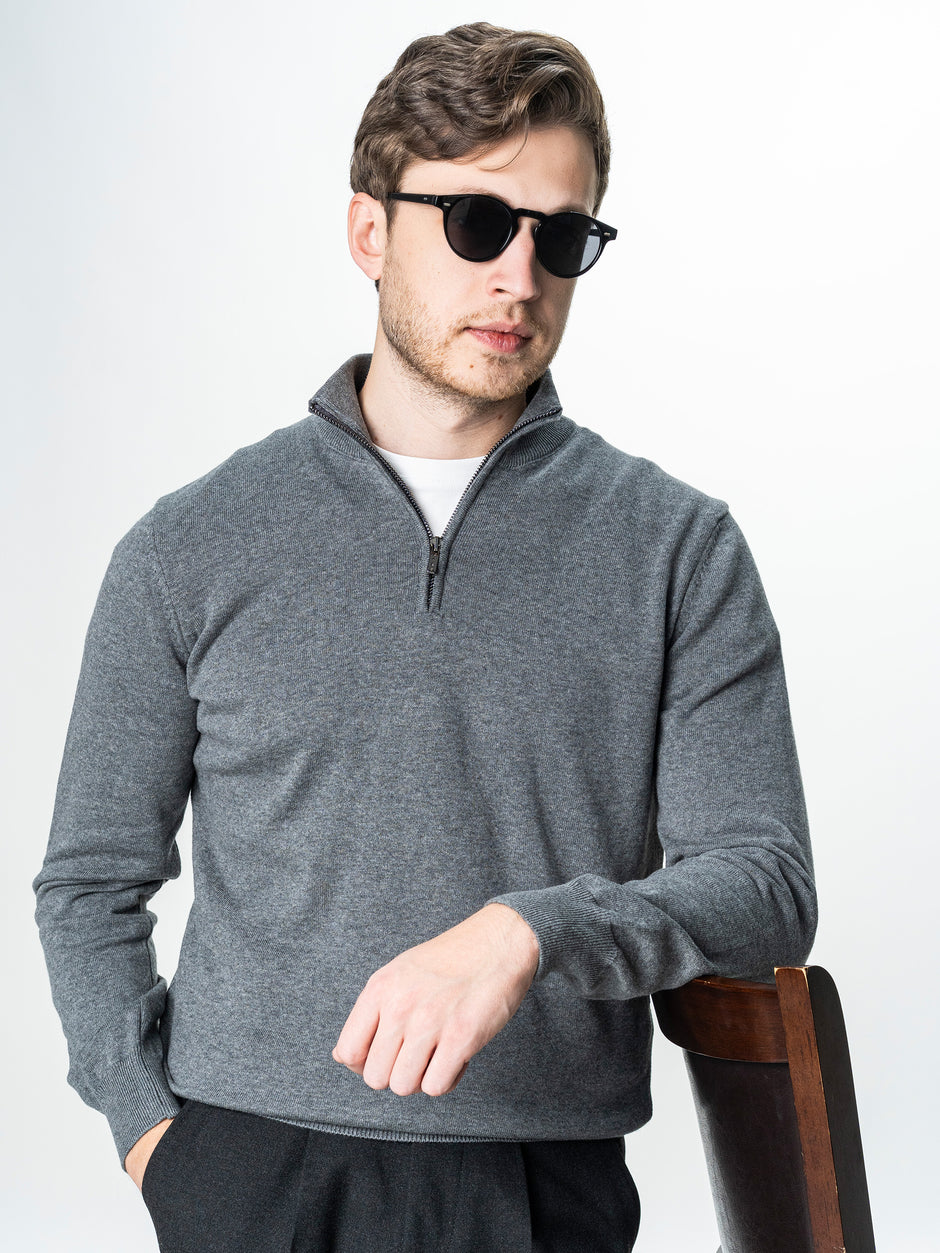 Pulover Cu Fermoar Office Barbati Gri Inchis Bumbac Levent Cottone BMan0001 (1)