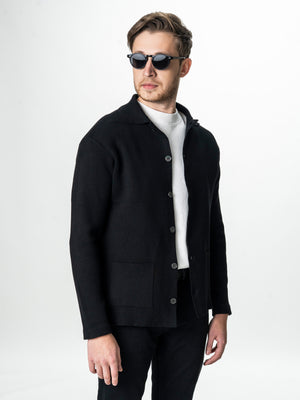 Pulover Lana Merinos Barbati Negru Tip Jacheta Cu Nasturi Bman0024