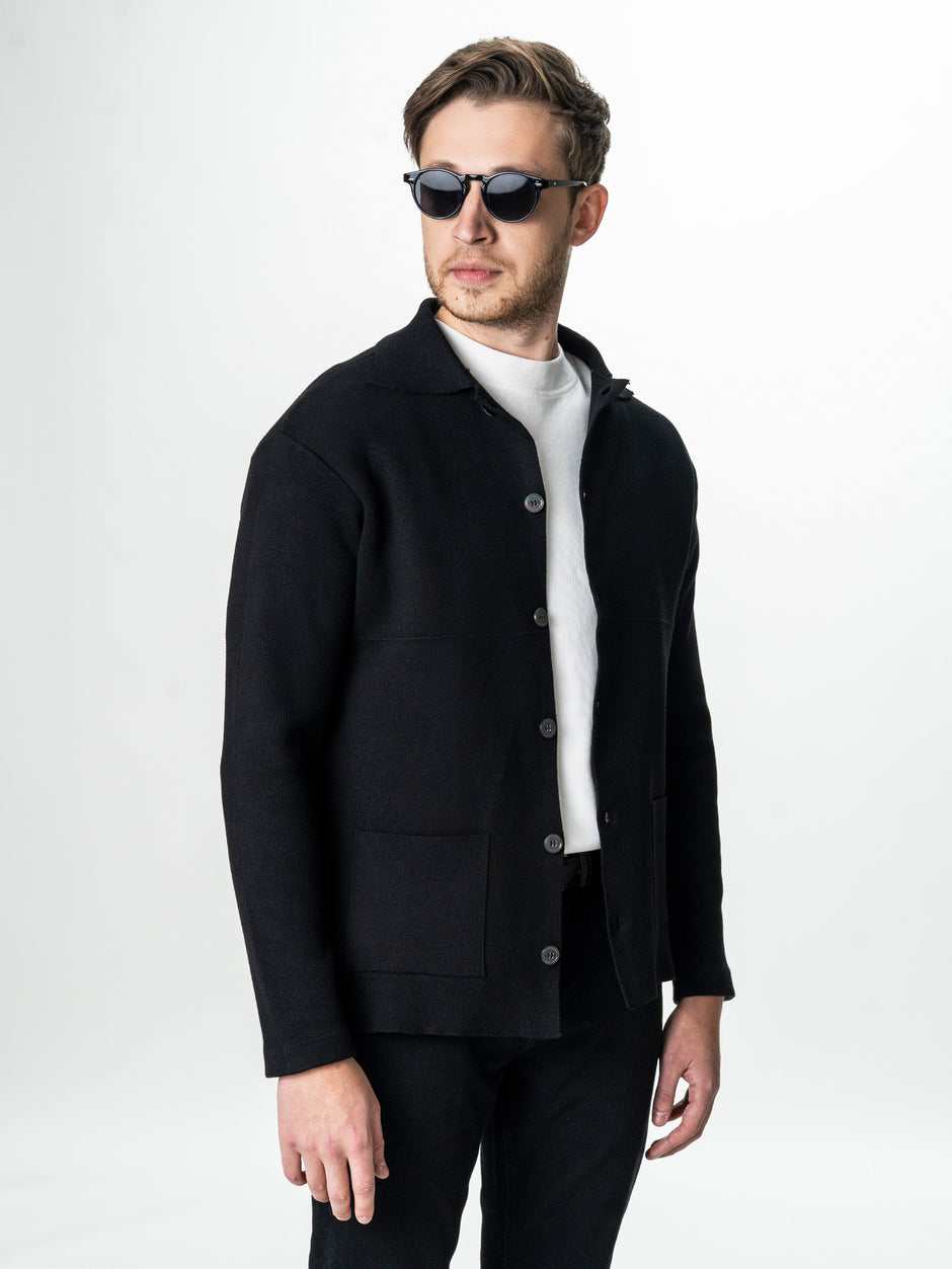 Pulover Bumbac Natural Barbati Negru Tip Jacheta Cu Nasturi BMan0022 (1)