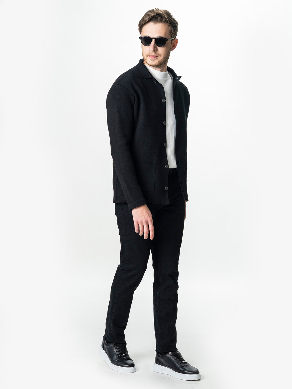 Pulover Bumbac Natural Barbati Negru Tip Jacheta Cu Nasturi BMan0022 (5)
