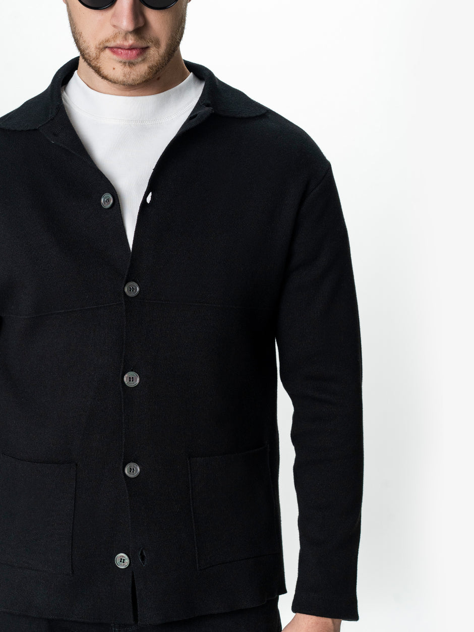 Pulover Lana Merinos Barbati Negru Tip Jacheta Cu Nasturi Bman0024 (4)