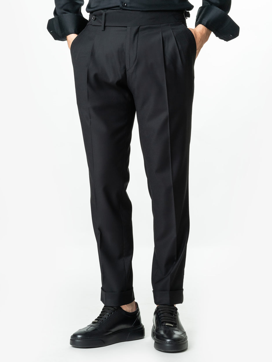 Pantaloni Barbati Negri Cu Pense Design Gurkha Din Stofa Lana Sarto BMan0009 (1)