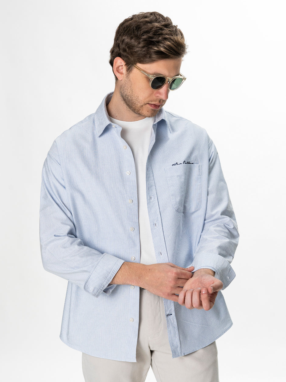 Camasa Alba cu Dungi Bleu Barbati Oversized Fit 100% Bumbac BMan0500 (3)