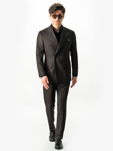 Costum Bărbați Maro În Dungi Elegant La Două Randuri BMan0022