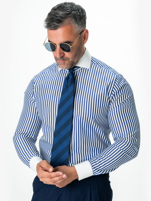 Camasa Barbati Alba Dungi Albastru Marine Bumbac Italian Monti BMan0035